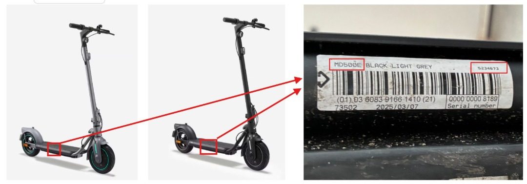 Étiquette de la trottinette Btwin MD500E indiquant le code modèle 5234673