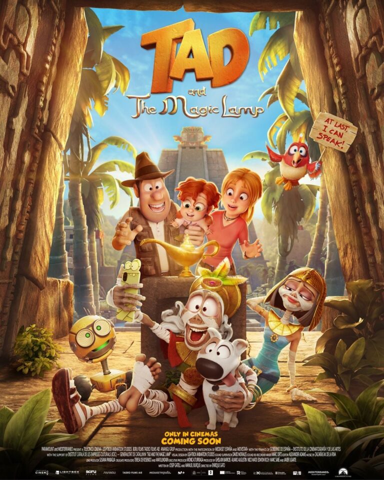 Affiche du film d'animation Tad l'explorateur et la lampe magique : Tad et sa famille autour d'une lampe magique, quatrième aventure de la saga.