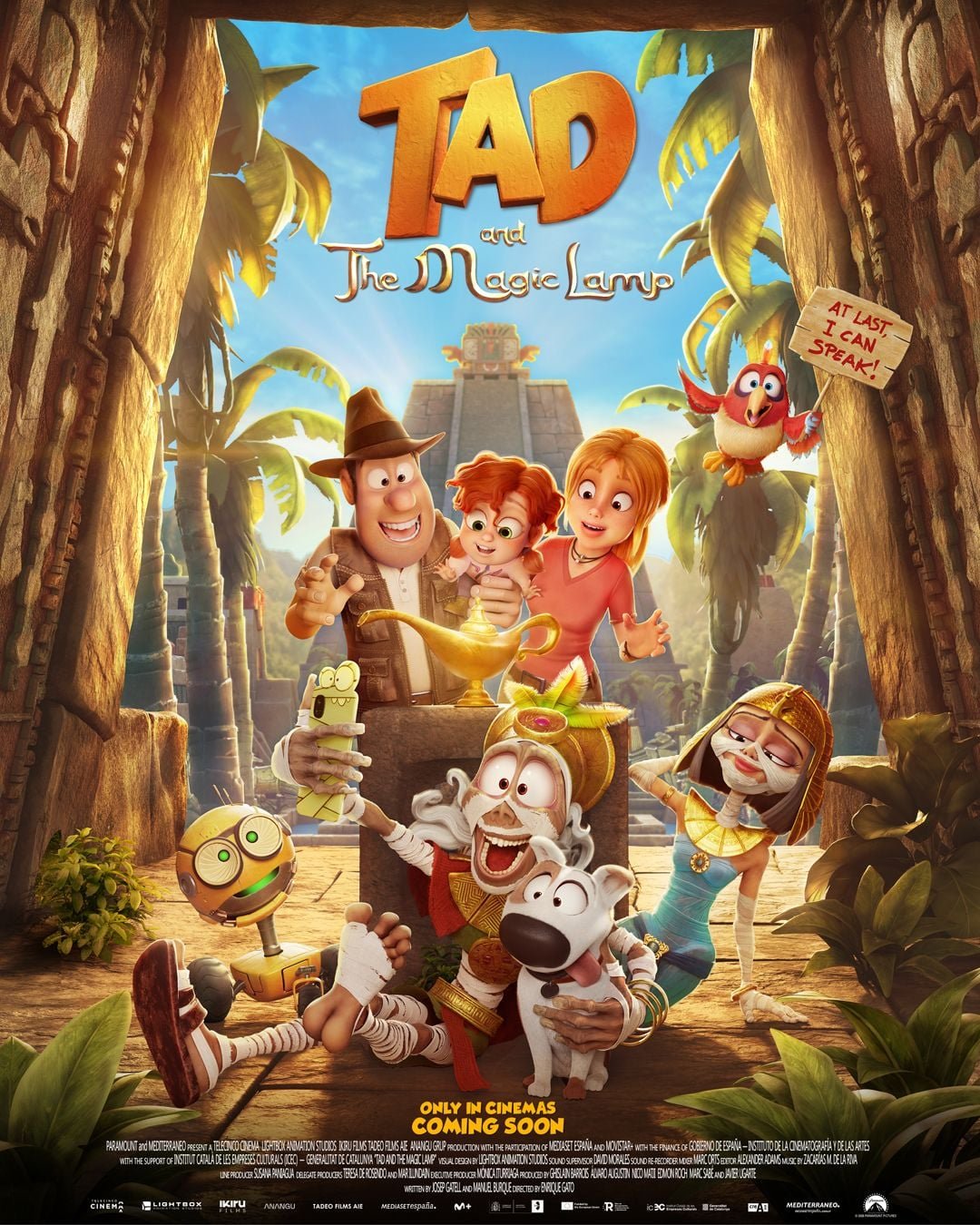 Affiche du film d'animation Tad l'explorateur et la lampe magique : Tad et sa famille autour d'une lampe magique, quatrième aventure de la saga.