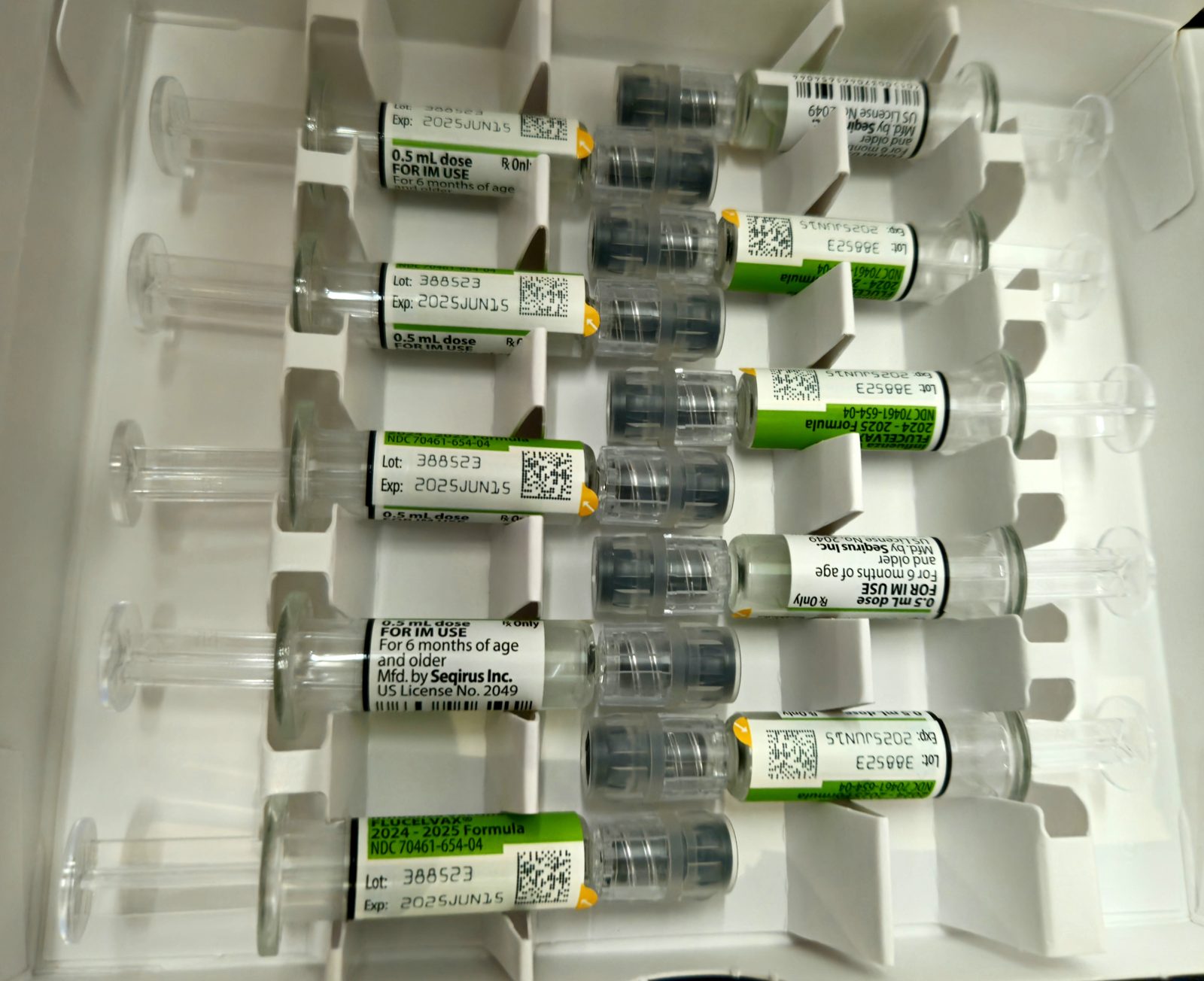 Des seringues de vaccin préremplies alignées, prêtes pour une injection.