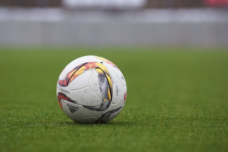 Un ballon de football posé sur la pelouse d’un terrain de sport.