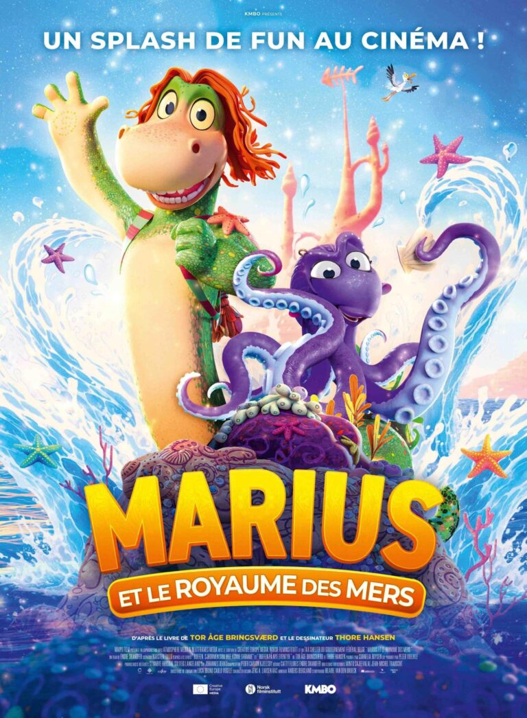 Affiche du film d'animation "Marius et le Royaume des mers" : Marius, un petit serpent de mer, au coeur d'un decor marin coloré.
