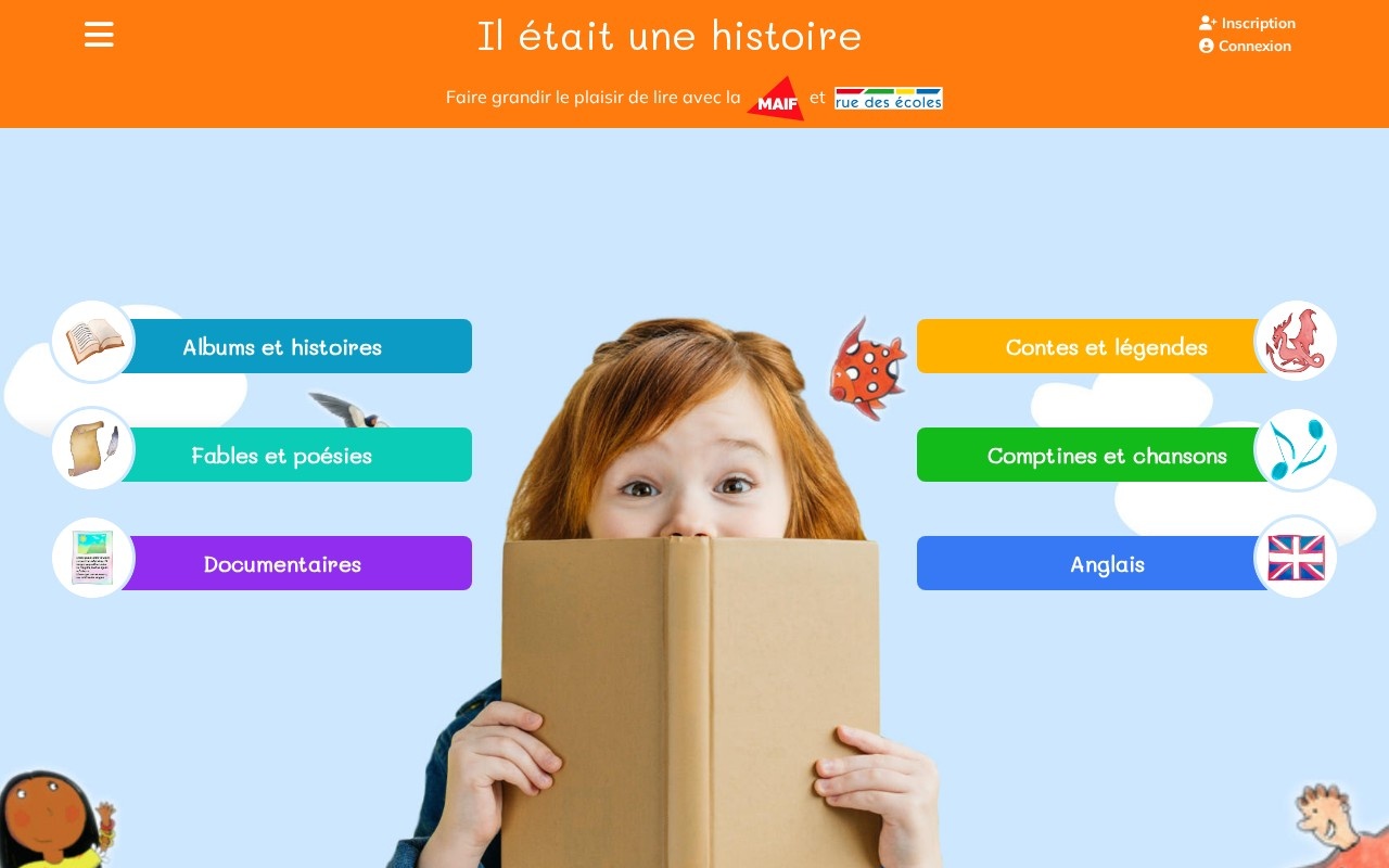 Page d'accueil du site Il etait une histoire, avec ses rubriques de contes, fables et documentaires pour enfants