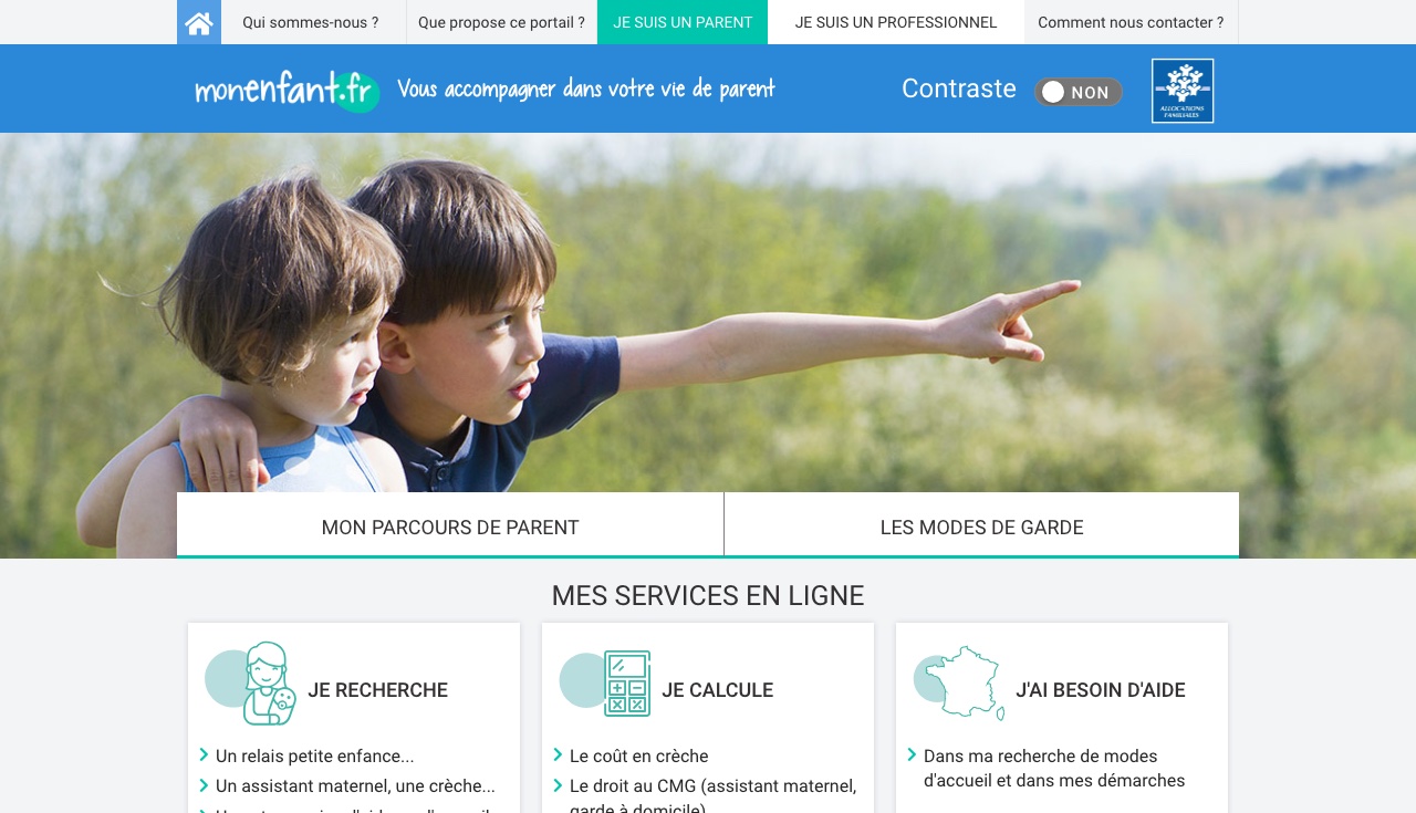 Page d'accueil du site monenfant.fr, portail des Caisses d'allocations familiales dedie aux modes d'accueil du jeune enfant