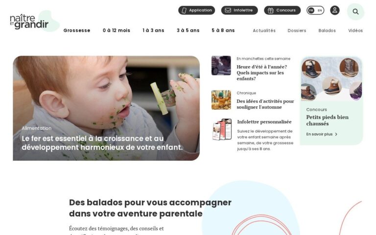 Page d'accueil du site Naître et grandir, avec sa navigation par tranches d'âge et ses articles sur le développement de l'enfant.