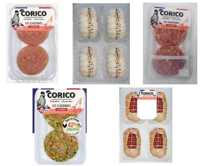 Photo officielle des produits Corico rappeles : filets, cuisses, ballotins et burgers de poulet.