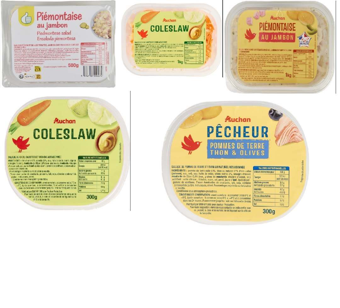Barquettes de salade coleslaw et de salade piémontaise de la marque Auchan visées par un rappel pour corps étranger.