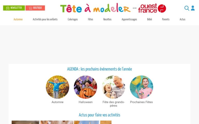 Page d'accueil du site Tete a modeler, avec ses rubriques d'activites, coloriages et bricolages pour enfants