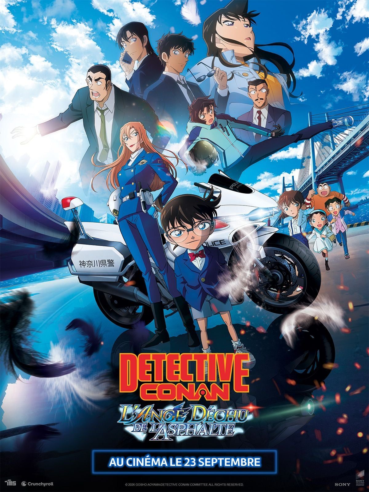 Affiche du film Detective Conan L Ange dechu de l asphalte avec le detective et une moto noire