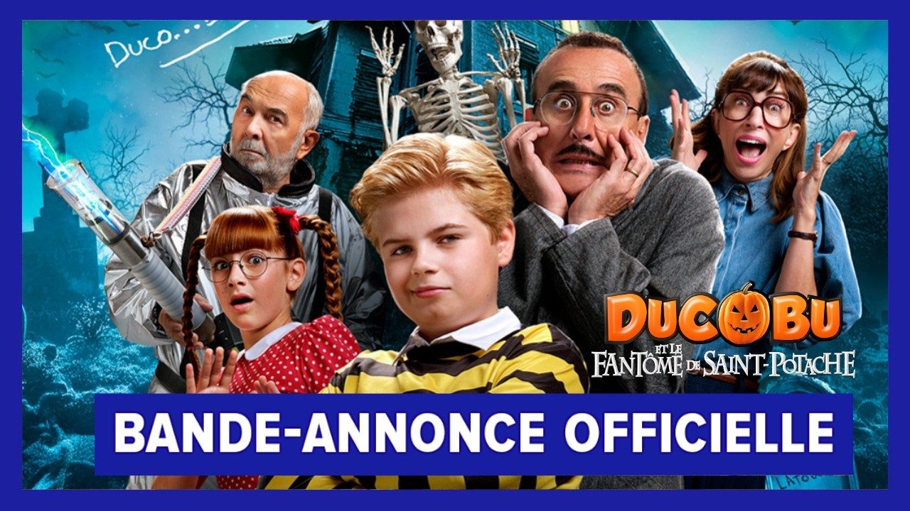 Visuel de la bande-annonce de "Ducobu et le fantome de Saint-Potache" : les personnages effrayes devant une maison hantee decoree pour Halloween.