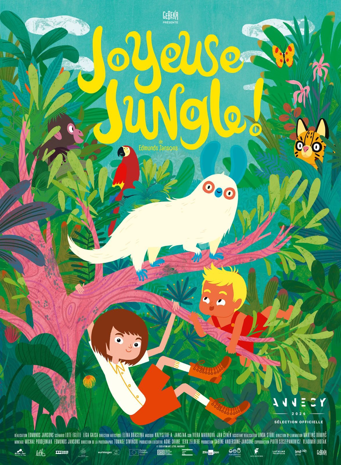 Affiche du film d’animation Joyeuse Jungle ! : deux enfants jouent dans un arbre au milieu d’une jungle colorée peuplée d’animaux.