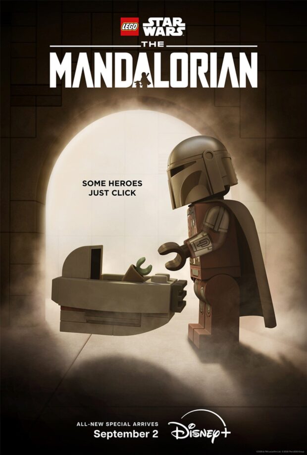 Affiche officielle du spécial « LEGO Star Wars: The Mandalorian » : le personnage Mando et Grogu en version briques LEGO.