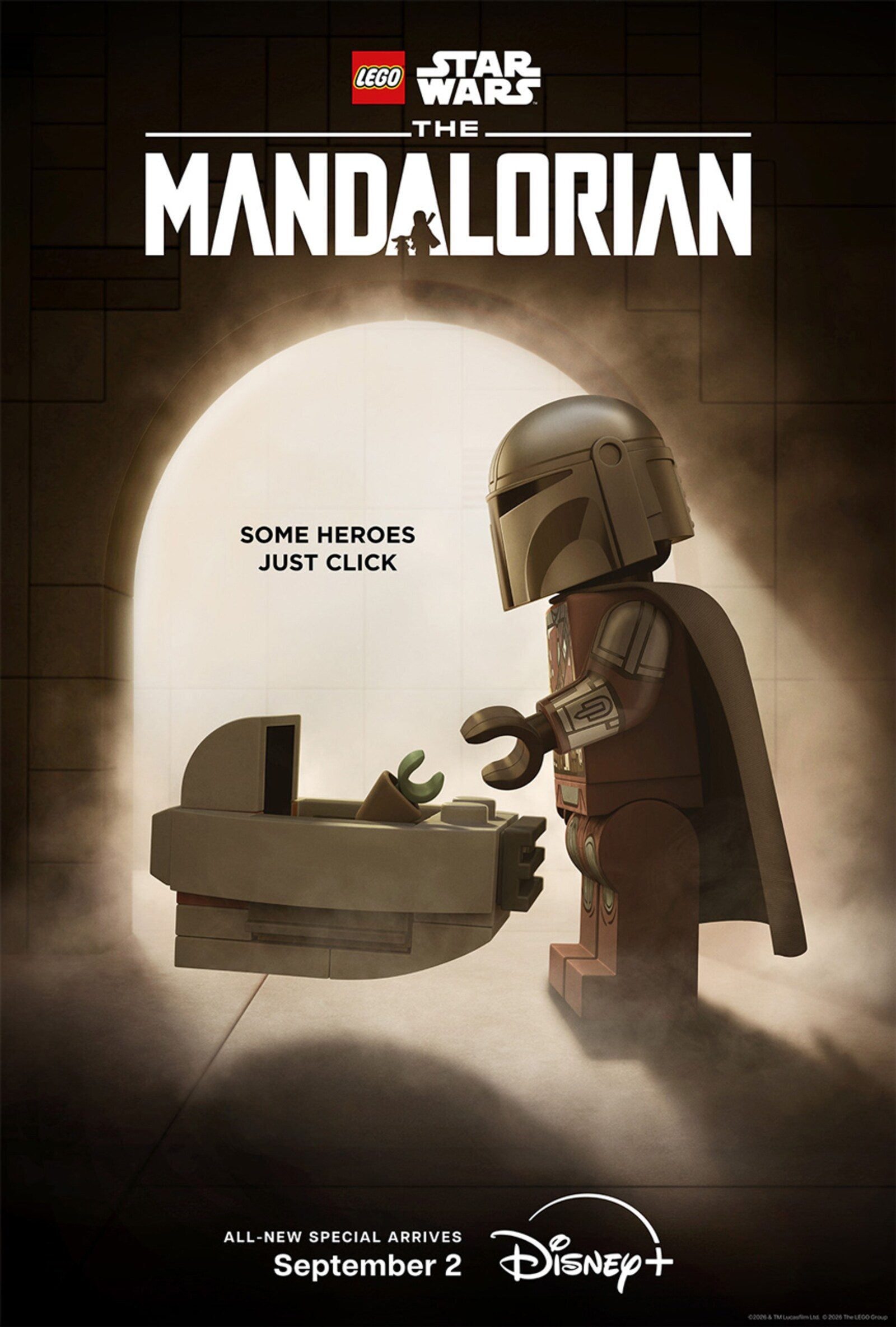 Affiche officielle du spécial « LEGO Star Wars: The Mandalorian » : le personnage Mando et Grogu en version briques LEGO.