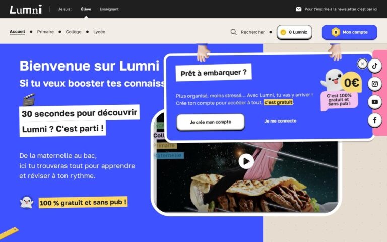 Page d'accueil du site Lumni, avec son logo, la navigation Primaire / Collège / Lycée et le message « De la maternelle au bac, tout pour apprendre et réviser ».
