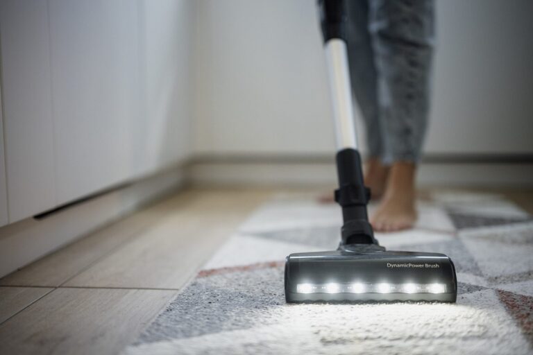 Aspirateur passe sur un tapis dans un interieur de maison, illustrant l aide aux taches du quotidien a domicile