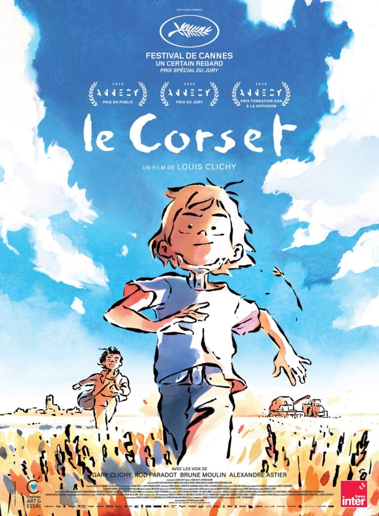 Affiche officielle du film d animation Le Corset de Louis Clichy : un garcon court dans un champ de ble de la Beauce sous un grand ciel, une fille le suit ; palmes du Festival de Cannes (Un Certain Regard, Prix special du jury) et trois prix Annecy 2026