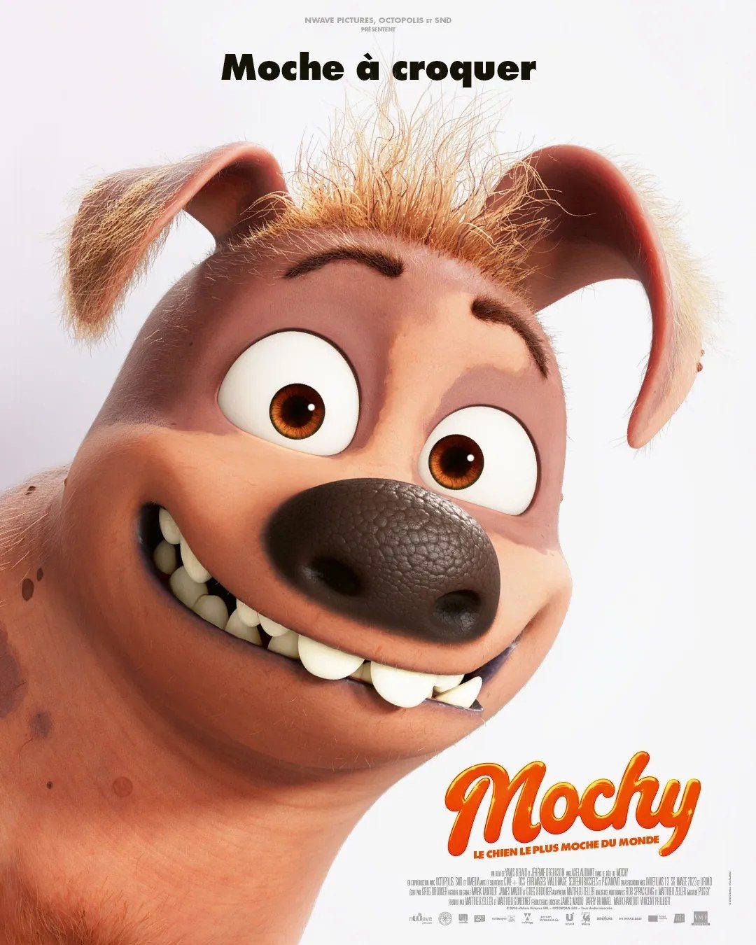Affiche officielle du film d animation Mochy, le chien le plus moche du monde : gros plan sur un chien au large sourire, slogan Moche a croquer