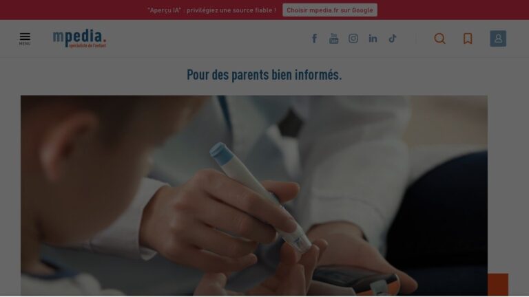 Page d'accueil du site mpedia.fr, avec son logo, son menu et le titre « Pour des parents bien informés ».