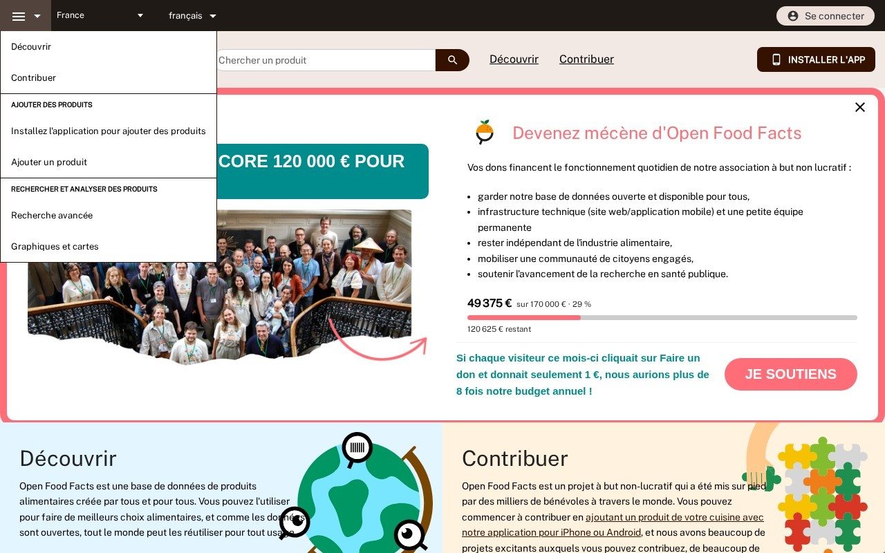 Page d'accueil du site fr.openfoodfacts.org, avec son menu (Decouvrir, Contribuer, Installer l'app), la barre de recherche d'un produit et les sections de presentation du projet.