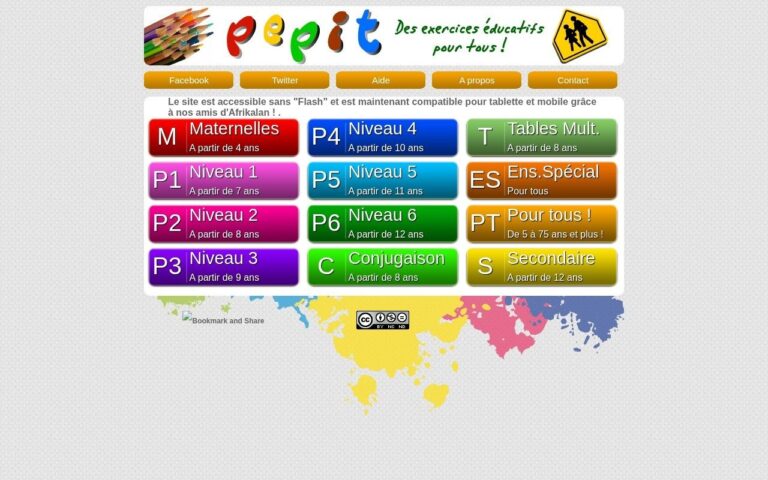 Page d'accueil du site pepit.be, avec son logo et ses rubriques d'exercices par niveau scolaire.