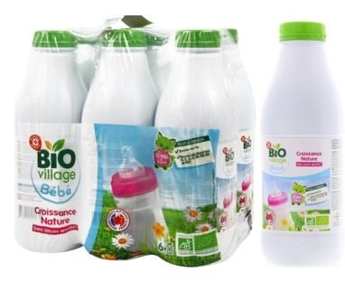 Pack et brique de lait de croissance Bio Village Bebe Croissance Nature 1 litre, concerne par le rappel.