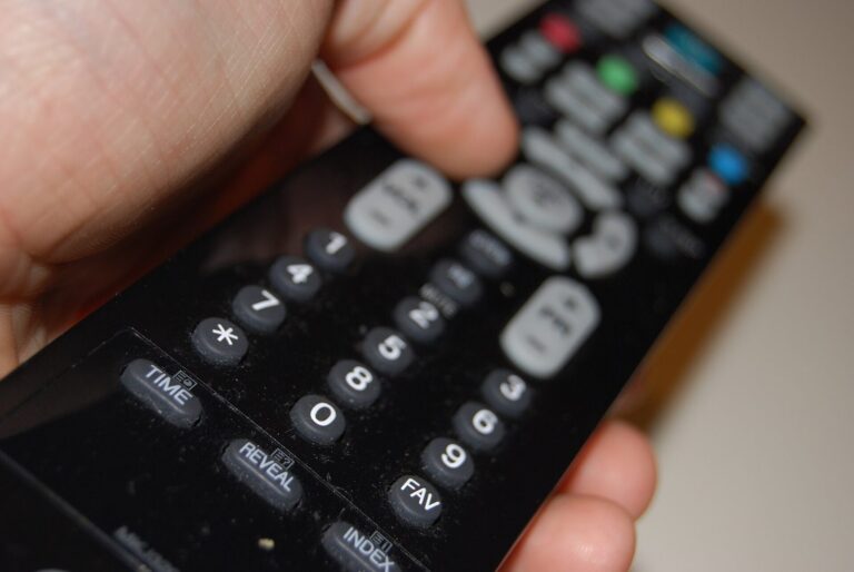 Gros plan d une main tenant une telecommande de television noire.
