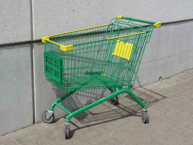Un chariot de supermarche vide, stationne devant un magasin : illustration des courses alimentaires.