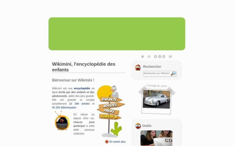 Page d'accueil du site Wikimini, l'encyclopedie des enfants, avec sa presentation, son moteur de recherche et sa rubrique image du jour.